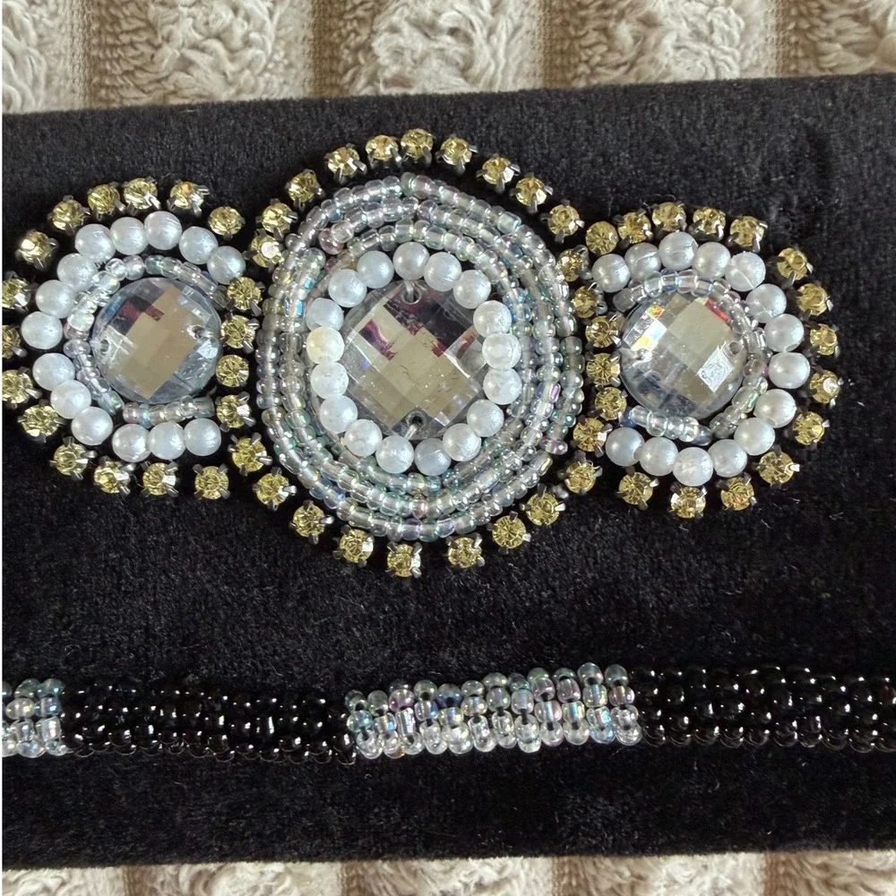 Vintage Black Velvet Beaded‎ Clutch Rhinestone Medallion Evening Bag Baguette